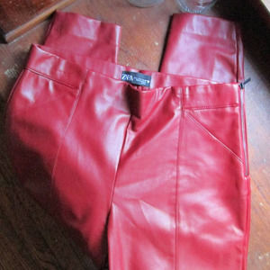 Zara Red Faux Leather Lined Side Zip Midrise Skinny Pants Large